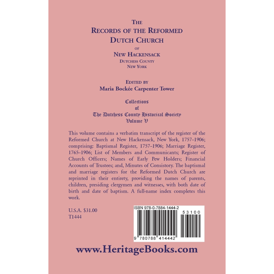 back cover of The Records of the Reformed Dutch Church of New Hackensack, Dutchess County, New York