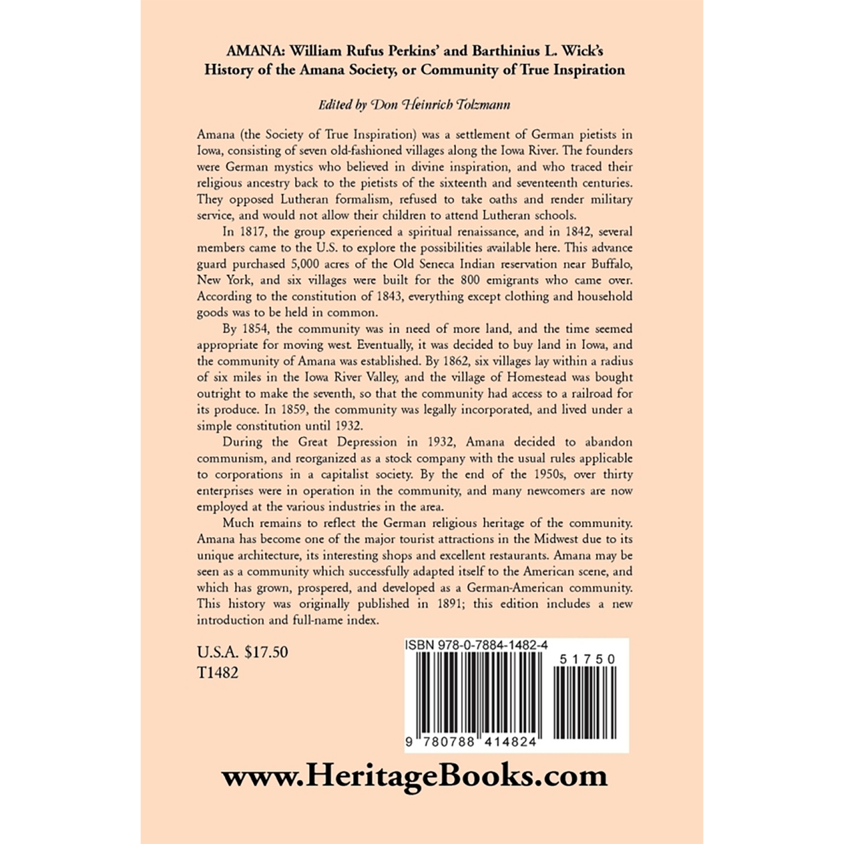 Amana: William Rufus Perkins' and Barthinius L. Wick's History of the Amana Society, or Community of True Inspiration back cover