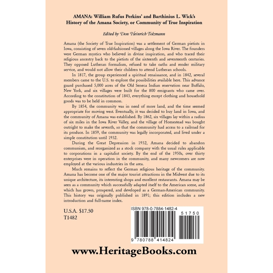 back cover of Amana: William Rufus Perkins' and Barthinius L. Wick's History of the Amana Society, or Community of True Inspiration