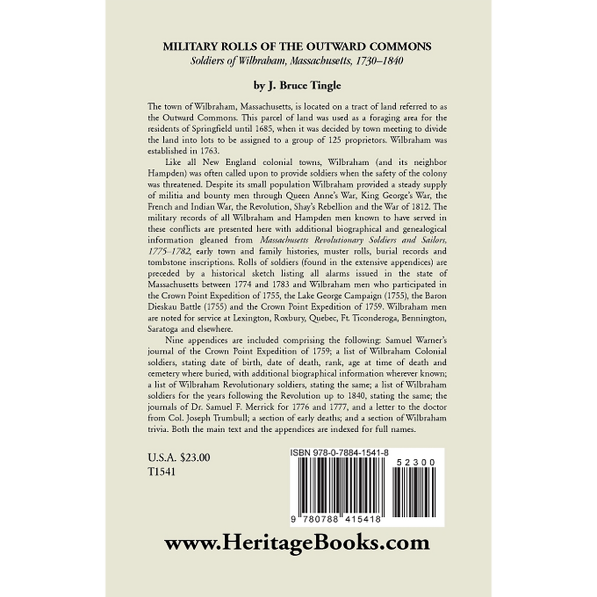 Military Rolls of the Outward Commons: Soldiers of Wilbraham, Massachusetts, 1730-1840 back cover
