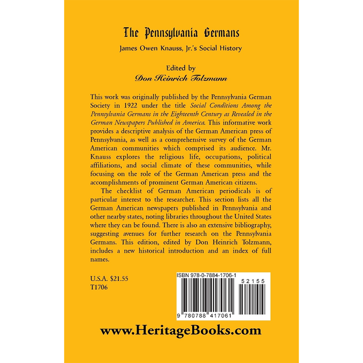 The Pennsylvania Germans: James Owen Knauss, Jr.'s Social History back cover