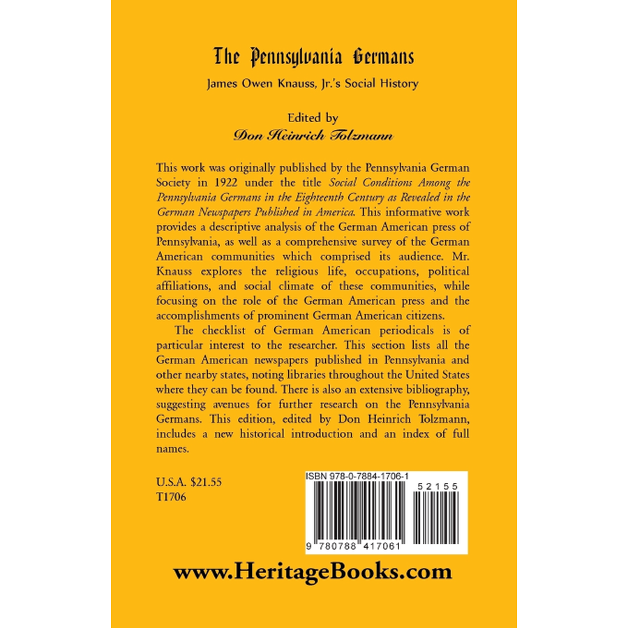 The Pennsylvania Germans: James Owen Knauss, Jr.'s Social History back cover