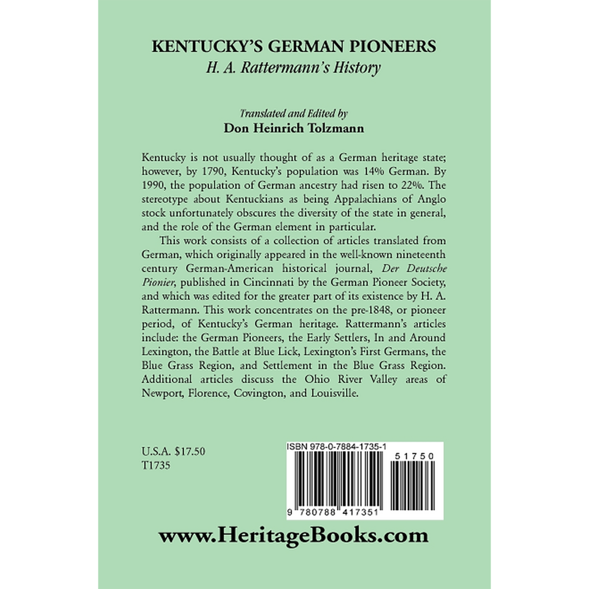 Kentucky's German Pioneers: H. A. Rattermann's History back cover