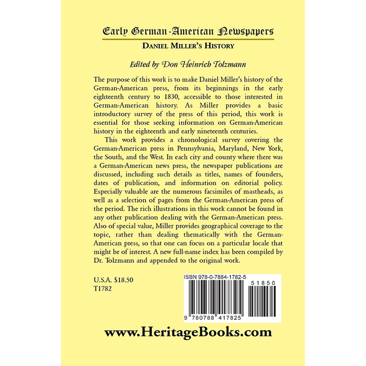Early German-American Newspapers: Daniel Miller's History back cover