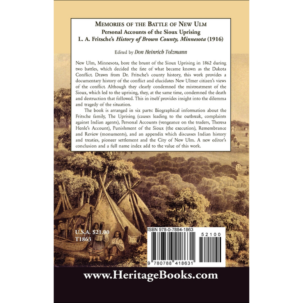 Memories of the Battle of New Ulm: Personal Accounts of the Sioux Uprising, L. A. Fritsche's History of Brown County, Minnesota (1916) back cover