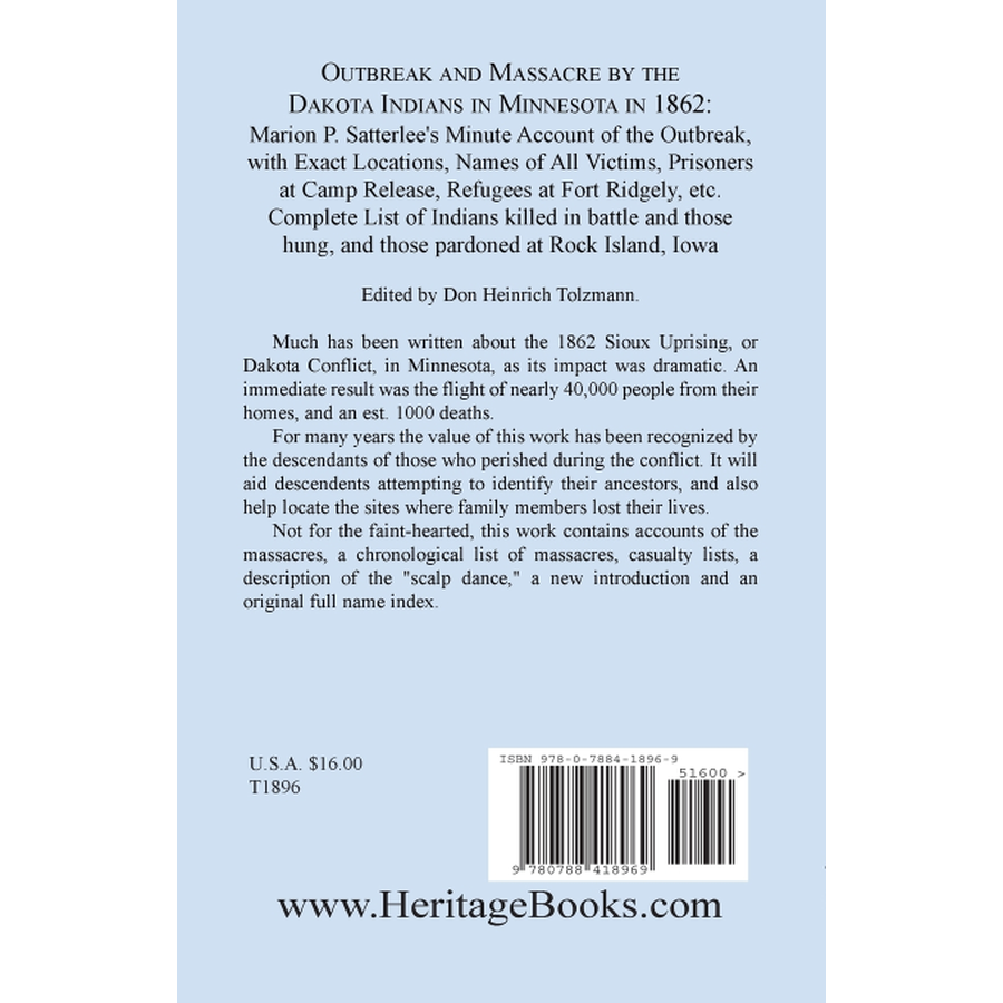 back cover of Outbreak and Massacre by the Dakota Indians in Minnesota in 1862