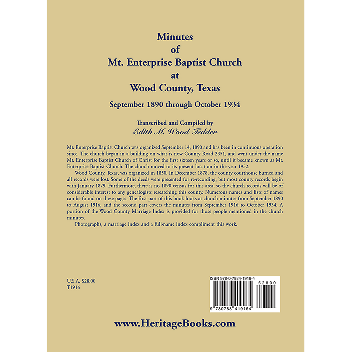 Minutes of Mt. Enterprise Baptist Church at Wood County, Texas: September 1890 through October 1934 back cover