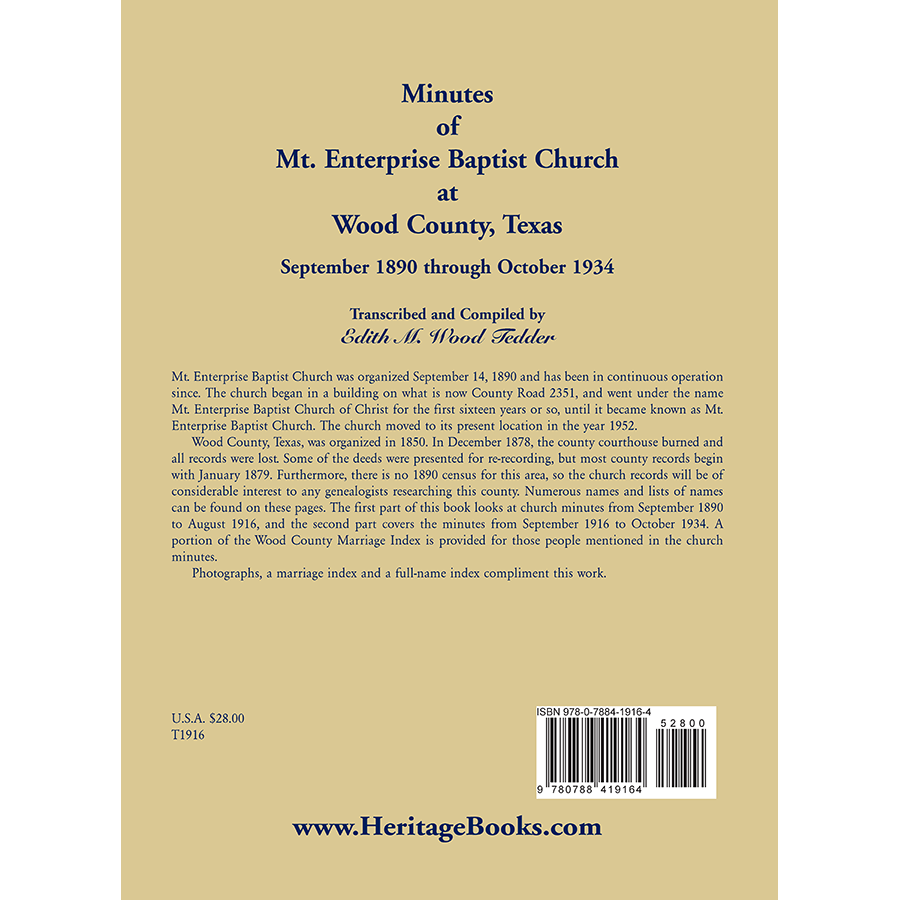 Minutes of Mt. Enterprise Baptist Church at Wood County, Texas: September 1890 through October 1934 back cover
