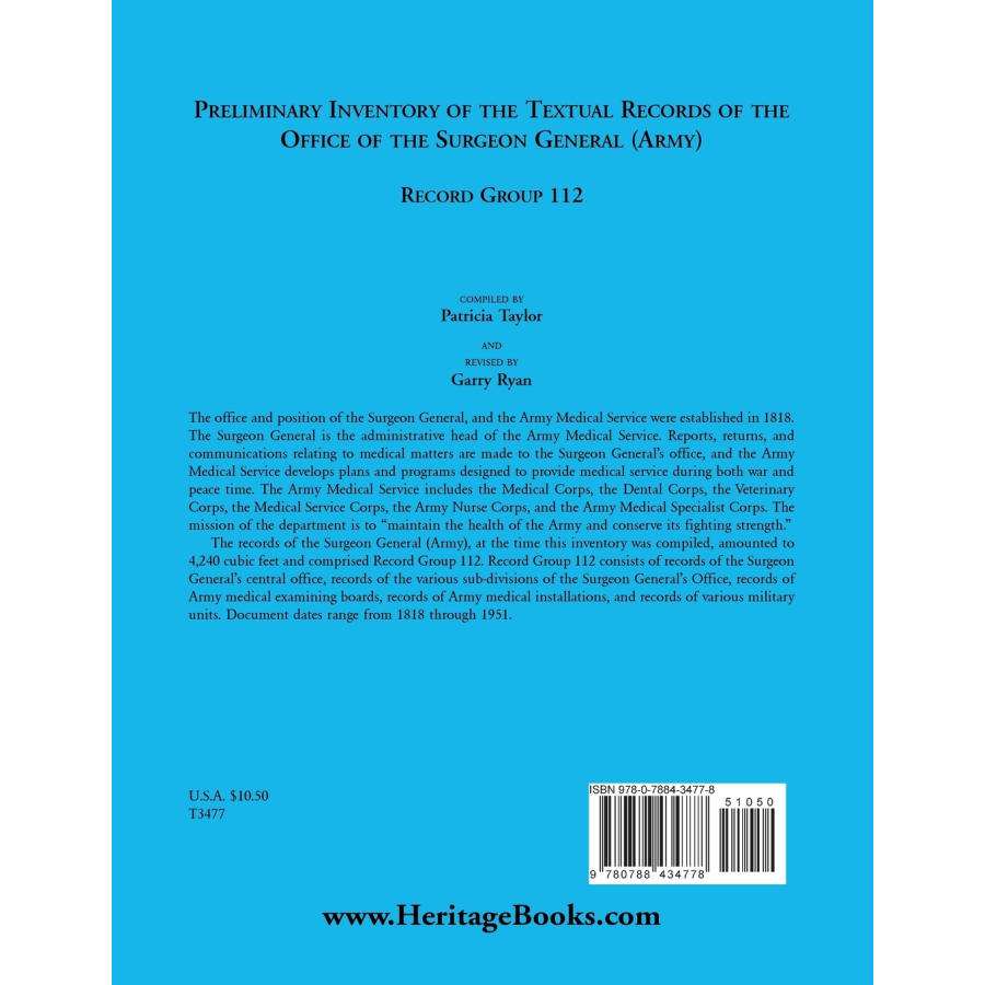 Preliminary Inventory of the Textual Records of the Office of the Surgeon General (Army), Record Group 112 back cover