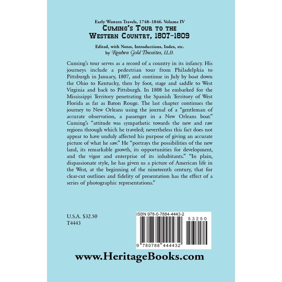 Early Western Travels, 1748-1846: Volume IV, Cuming's Tour to the Western Country (1807-1809) back cover