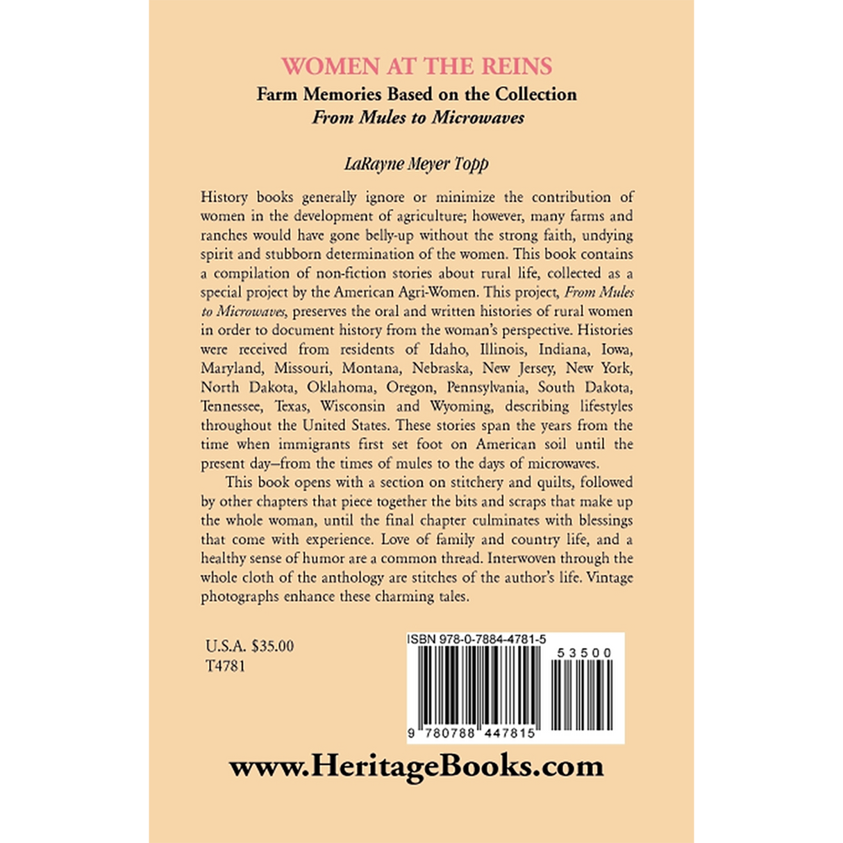 Women at the Reins: Farm Memories based on the collection From Mules to Microwaves back cover