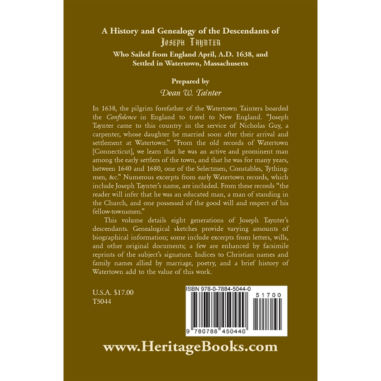 History and Genealogy of the Descendants of Joseph Taynter, Who Sailed from England April, A.D. 1638, and Settled in Watertown, Massachusetts back cover