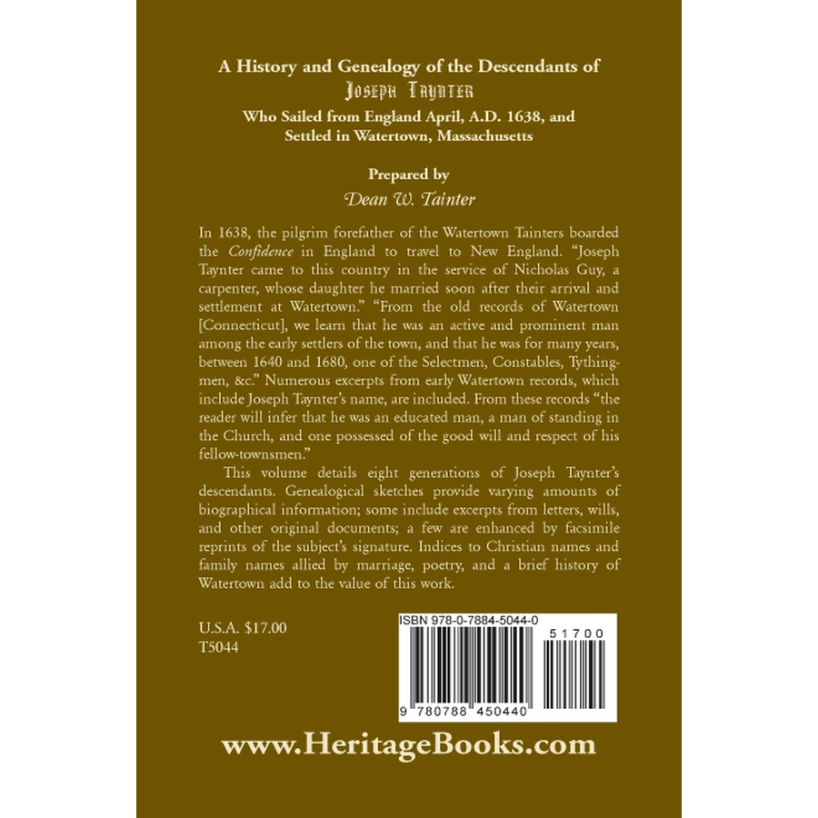 back cover of History and Genealogy of the Descendants of Joseph Taynter, Who Sailed from England April, A.D. 1638, and Settled in Watertown, Massachusetts