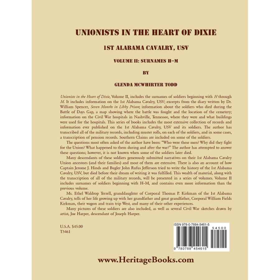 back cover of Unionists in the Heart of Dixie: 1st Alabama Cavalry, USV, Volume II