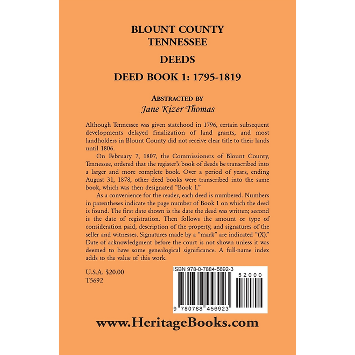 Blount County, Tennessee Deeds, Deed Book 1, 1795-1819 back cover