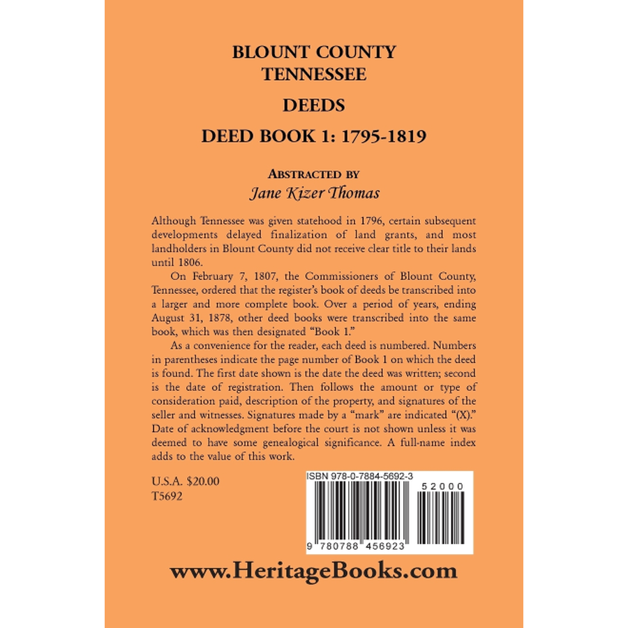 back cover of Blount County, Tennessee Deeds, Deed Book 1, 1795-1819