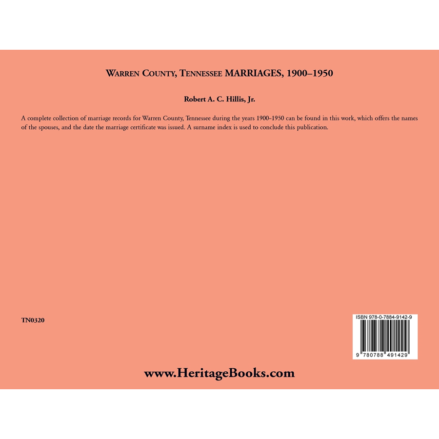 back cover of Warren County, Tennessee Marriages, 1900-1950