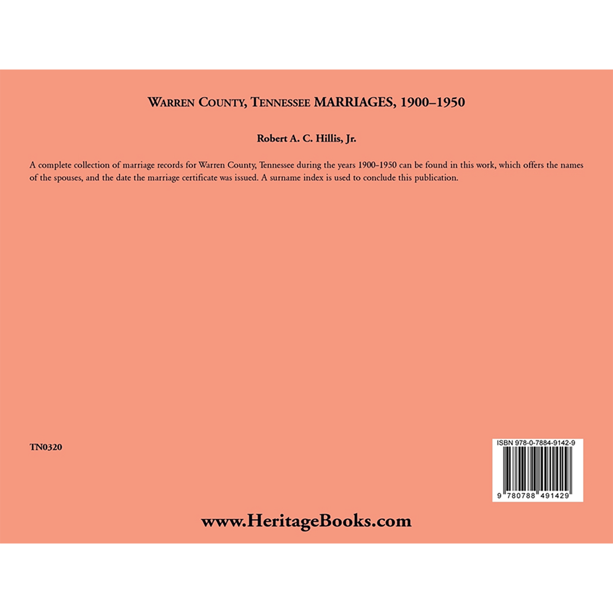 Warren County, Tennessee Marriages, 1900-1950 back cover