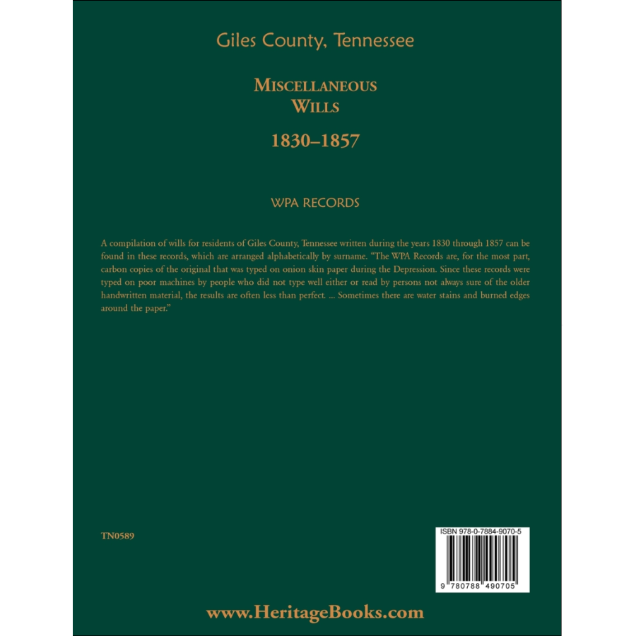 Giles County, Tennessee Miscellaneous Wills, 1830-1857 back cover