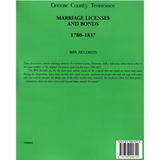Greene County, Tennessee Marriage Licenses and Bonds, 1780-1837 back cover