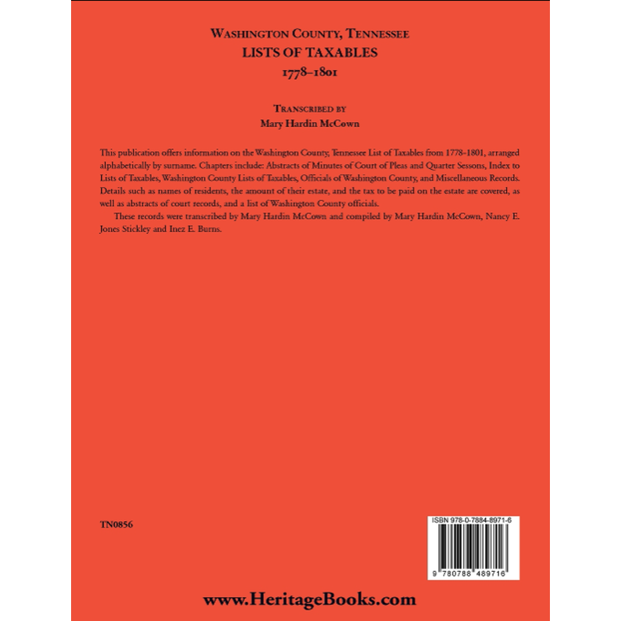 Washington County, Tennessee Lists of Taxables, 1778-1807 back cover