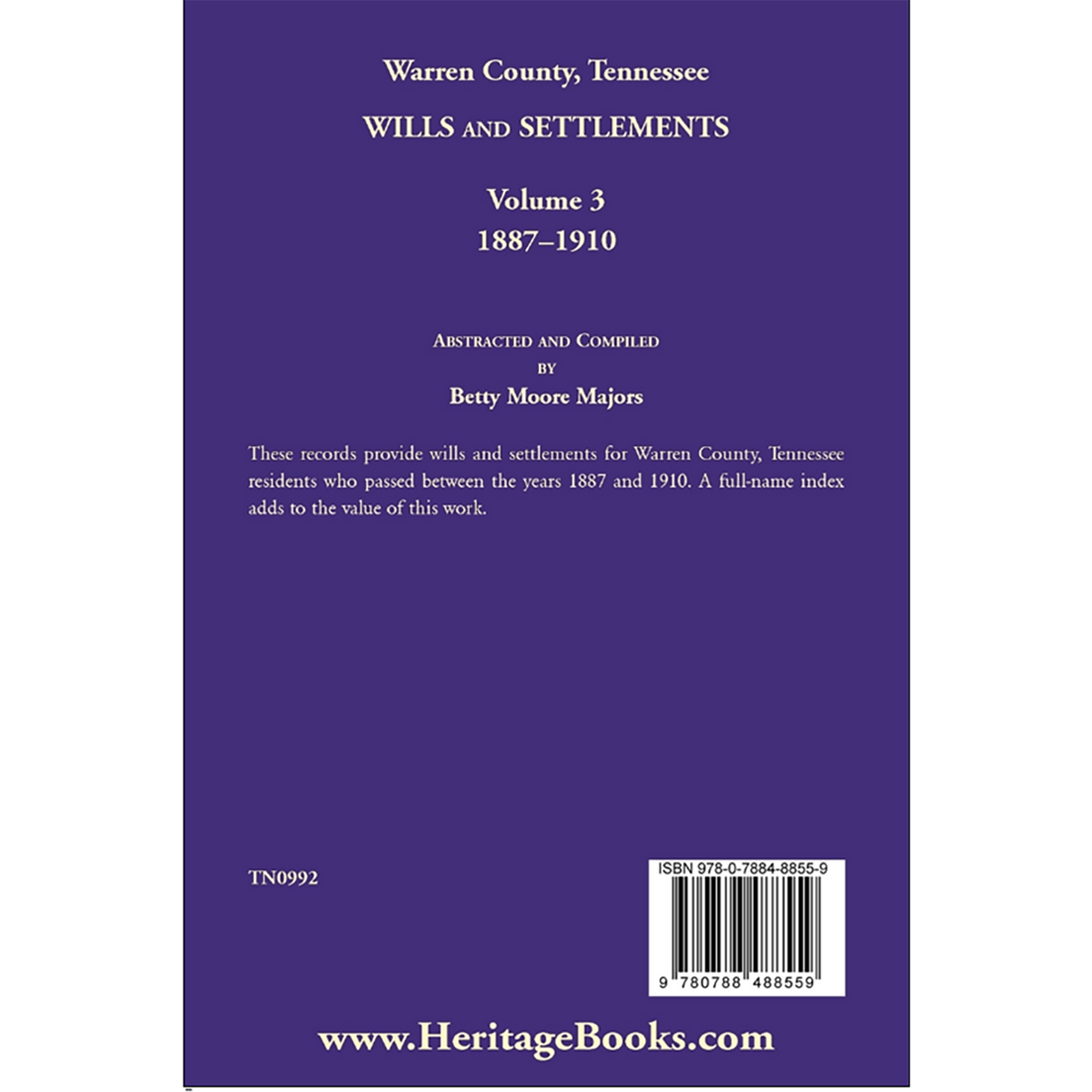 Warren County, Tennessee Wills and Settlements, Volume 3, 1887-1910 back cover