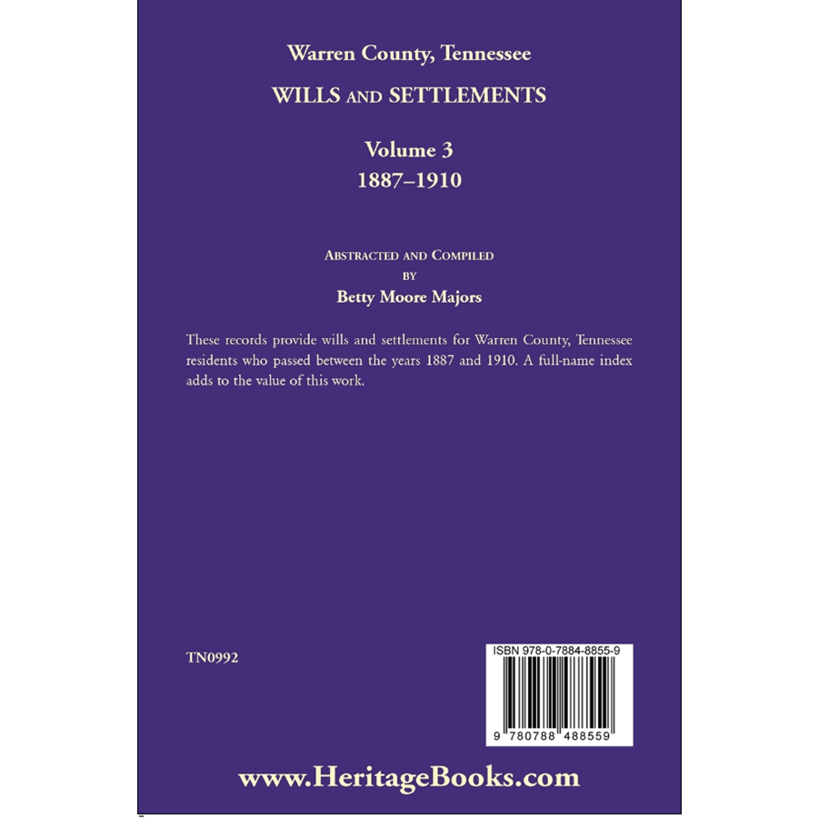 Warren County, Tennessee Wills and Settlements, Volume 3, 1887-1910 back cover