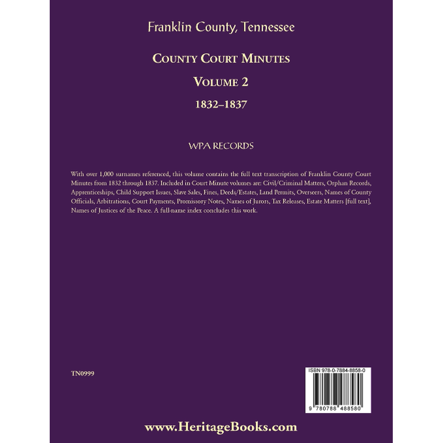 Franklin County, Tennessee County Court Minutes, Volume 2, 1832-1837 back cover