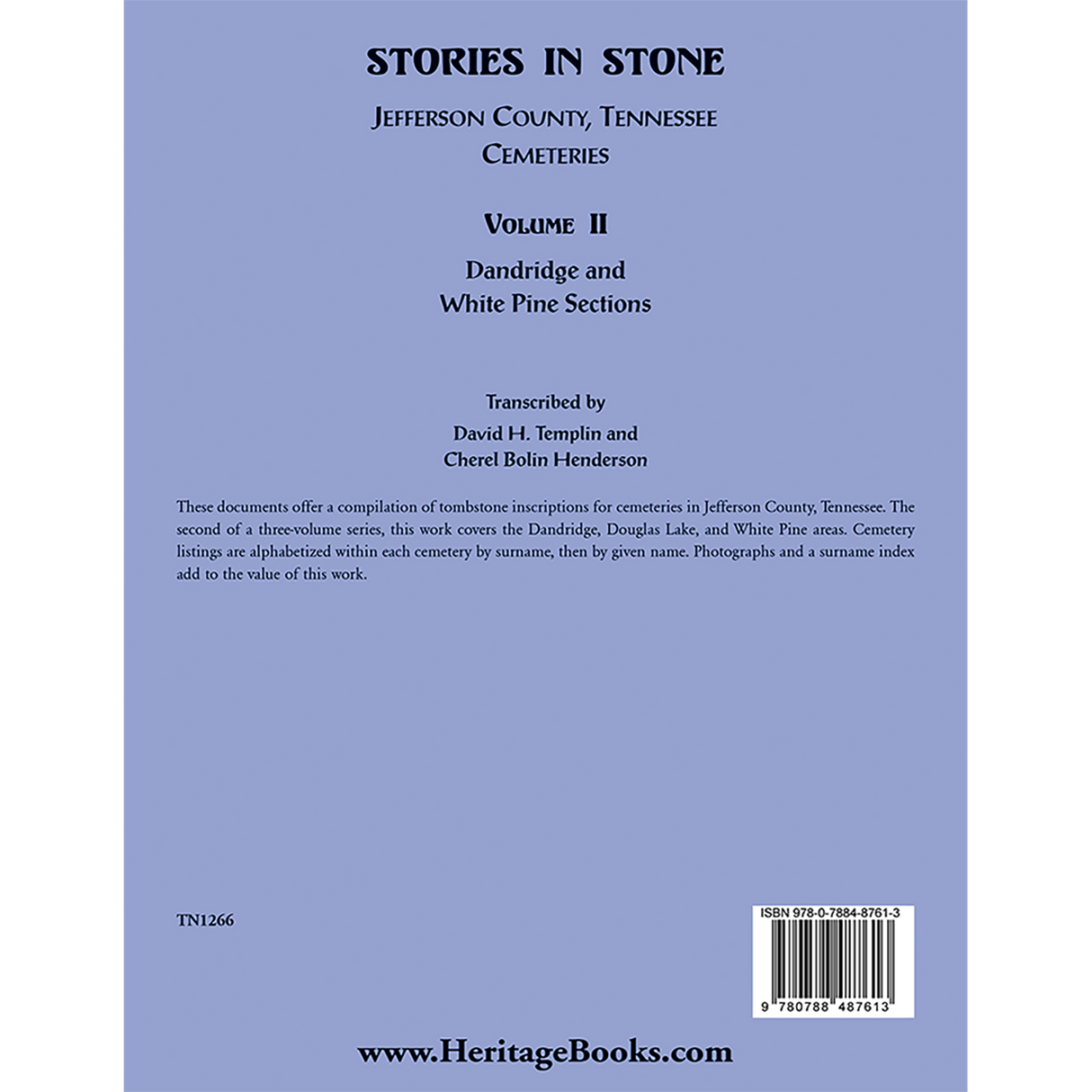 Stories in Stone, Volume II: Jefferson County, Tennessee Cemeteries, Dandridge and White Pine Sections back cover
