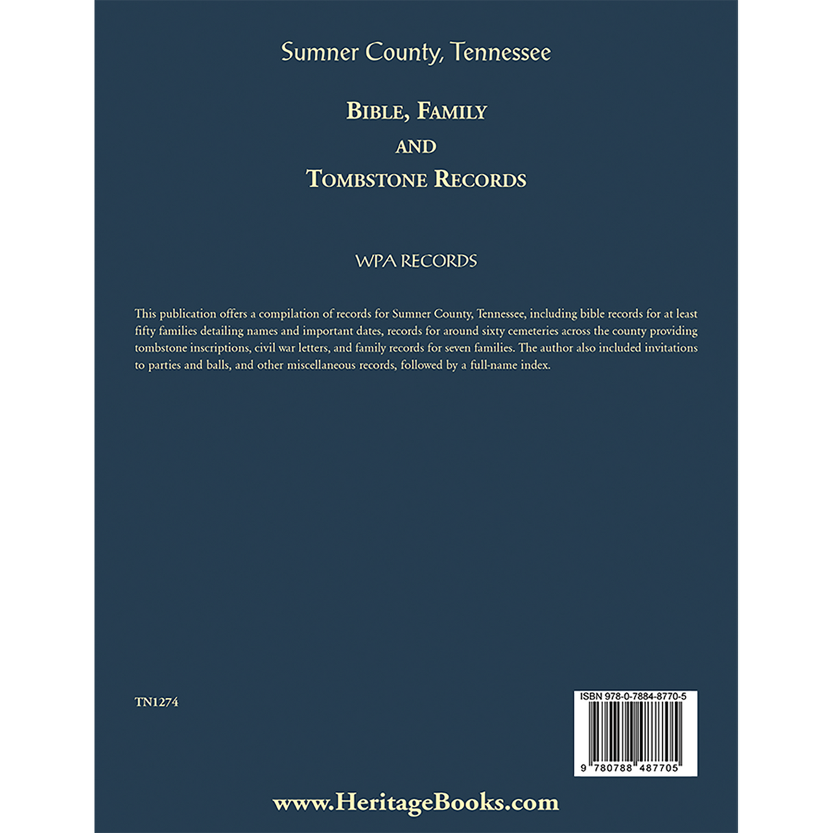 Sumner County, Tennessee Bible, Family and Tombstone Records back cover