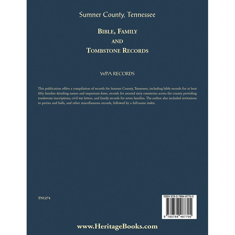 back cover of Sumner County, Tennessee Bible, Family and Tombstone Records