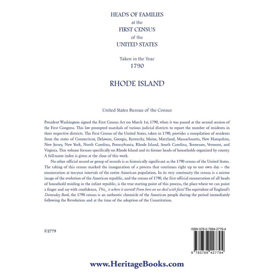 Heads of Families at the First Census of the United States Taken in the Year 1790: Rhode Island back cover