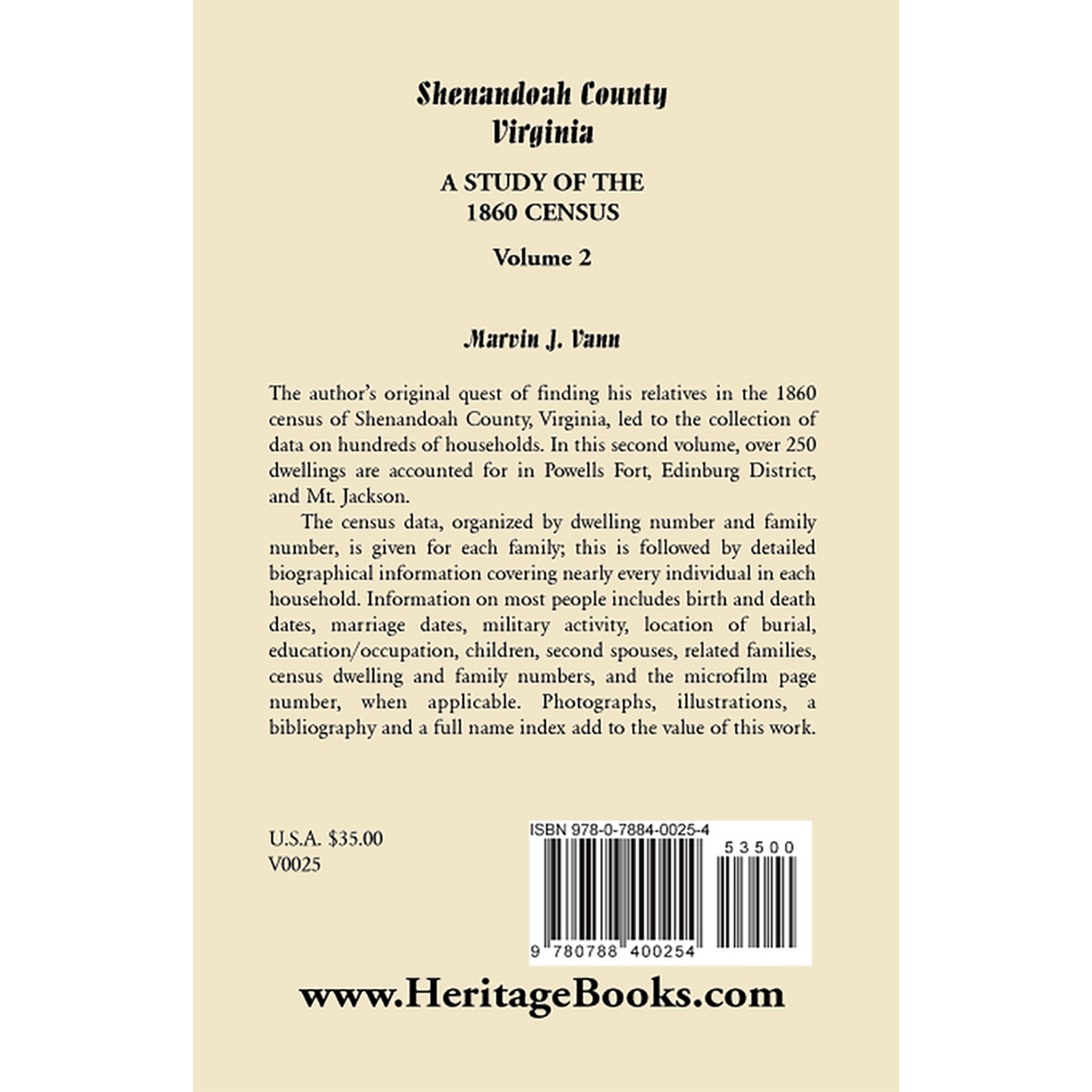 Shenandoah County, Virginia: A Study of the 1860 Census, Volume 2 back cover
