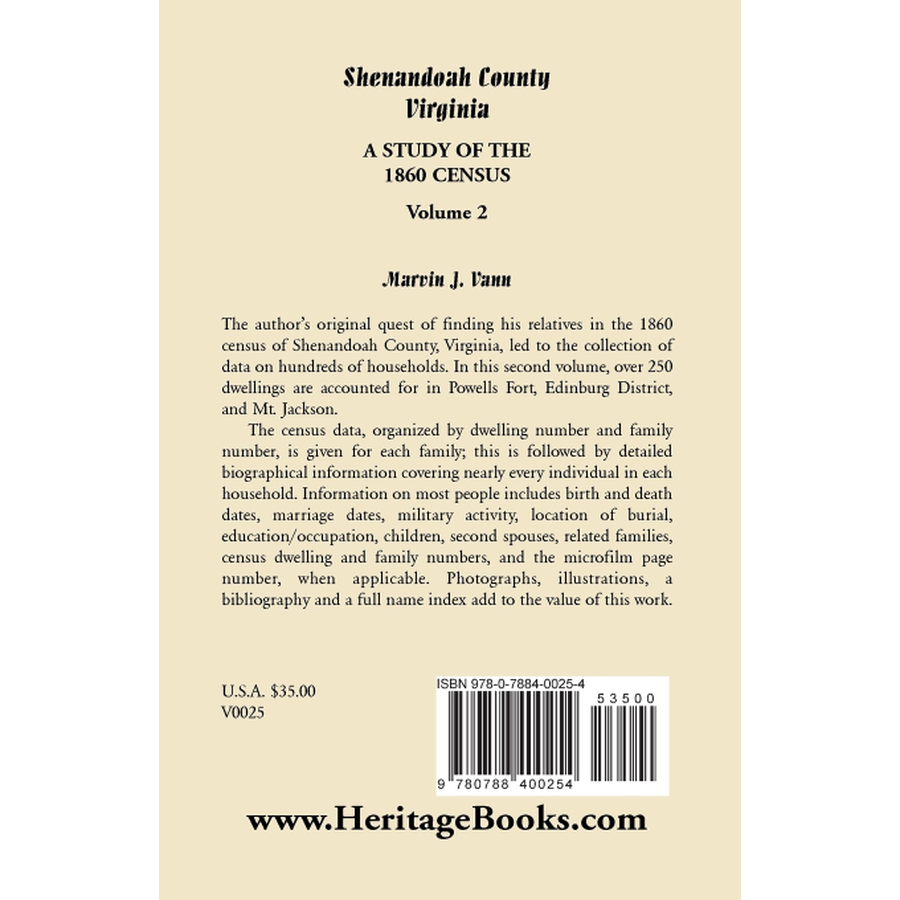 back cover of Shenandoah County, Virginia: A Study of the 1860 Census, Volume 2