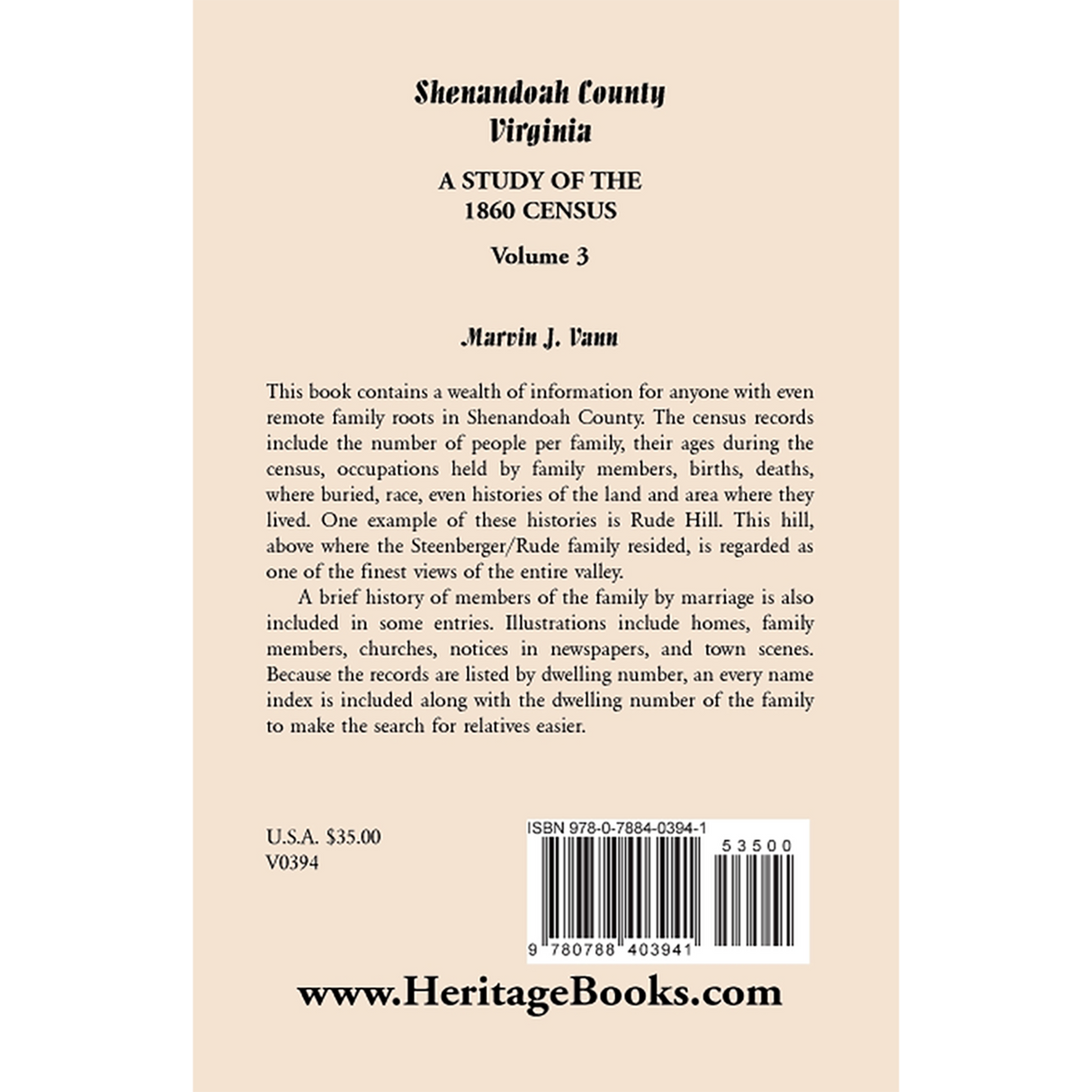 Shenandoah County, Virginia: A Study of the 1860 Census, Volume 3 back cover