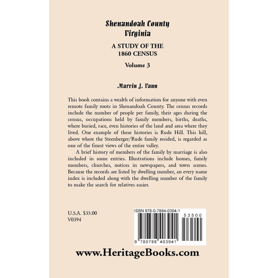 back cover of Shenandoah County, Virginia: A Study of the 1860 Census, Volume 3