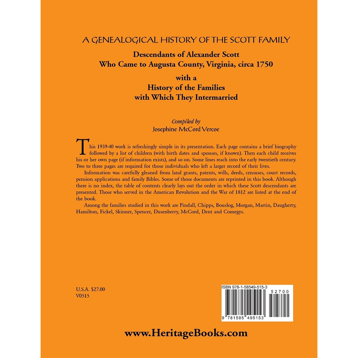 A Genealogical History of the Scott Family, Descendants of Alexander Scott back cover