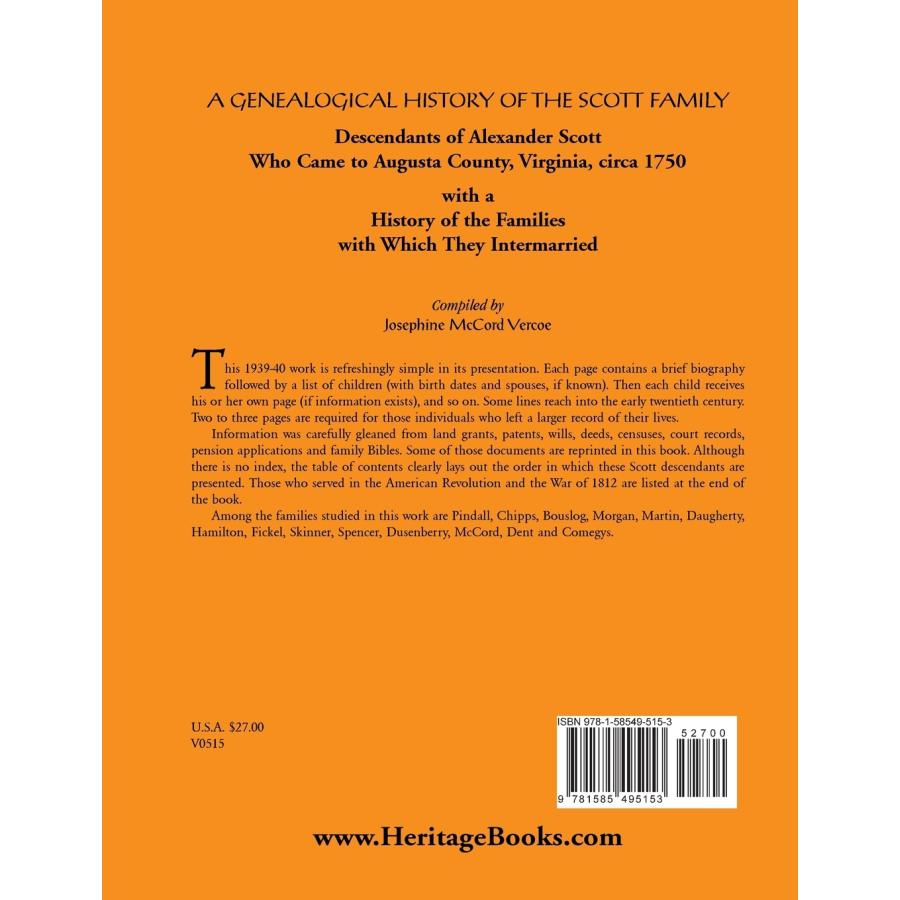 back cover of A Genealogical History of the Scott Family, Descendants of Alexander Scott
