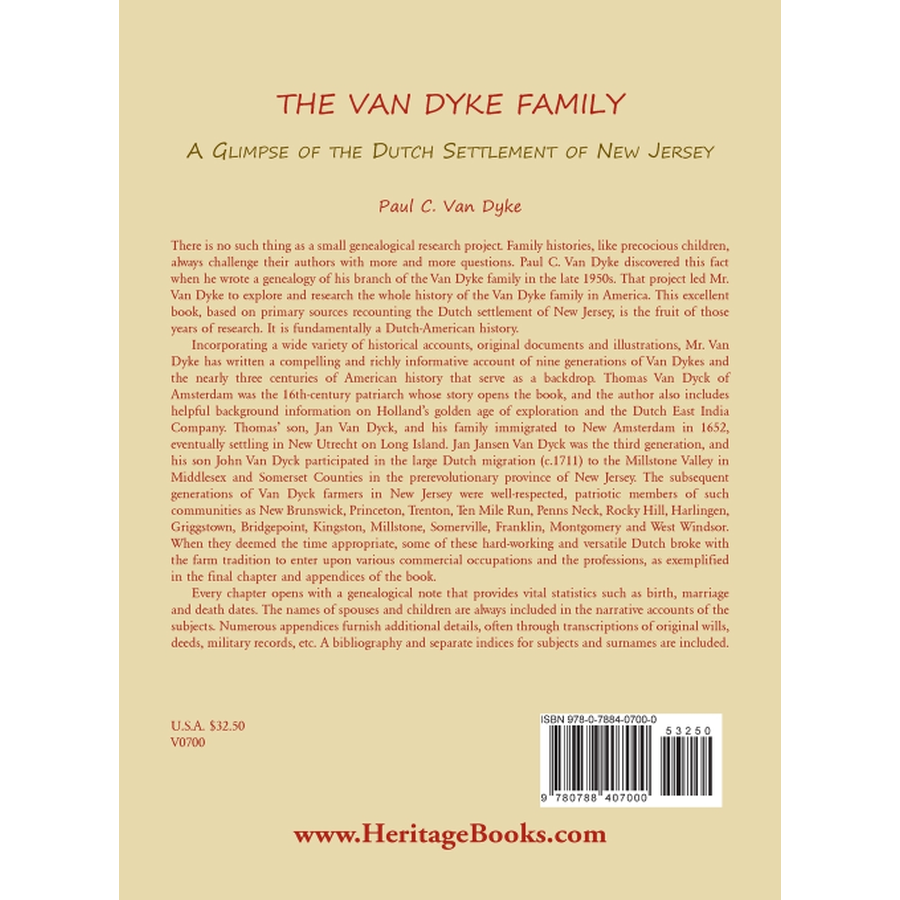 back cover of The Van Dyke Family: A Glimpse of the Dutch Settlement of New Jersey