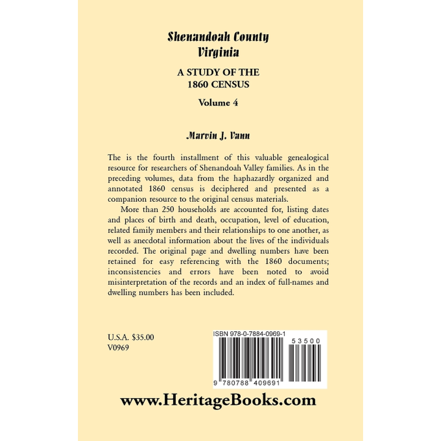 back cover of Shenandoah County, Virginia: A Study of the 1860 Census, Volume 4