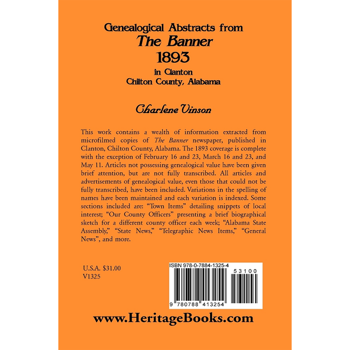 Genealogical Abstracts from The Banner, 1893, in Clanton, Chilton County, Alabama back cover