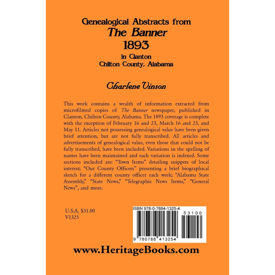 back cover of Genealogical Abstracts from The Banner, 1893, in Clanton, Chilton County, Alabama