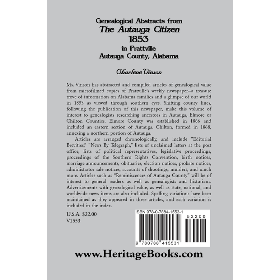 Genealogical Abstracts From The Autauga Citizen, 1853, in Prattville, Autauga County, Alabama back cover