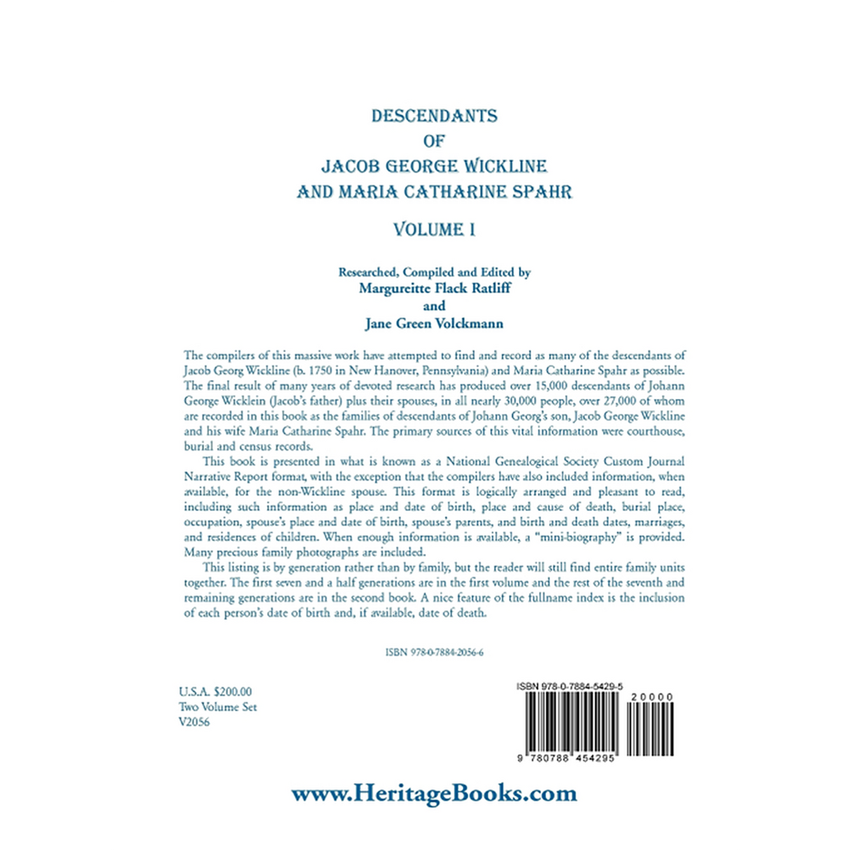 Descendants of Jacob George Wickline and Maria Catharine Spahr, Volume 1 back cover