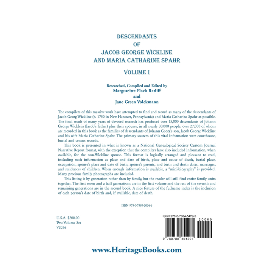 Descendants of Jacob George Wickline and Maria Catharine Spahr, Volume 1 back cover