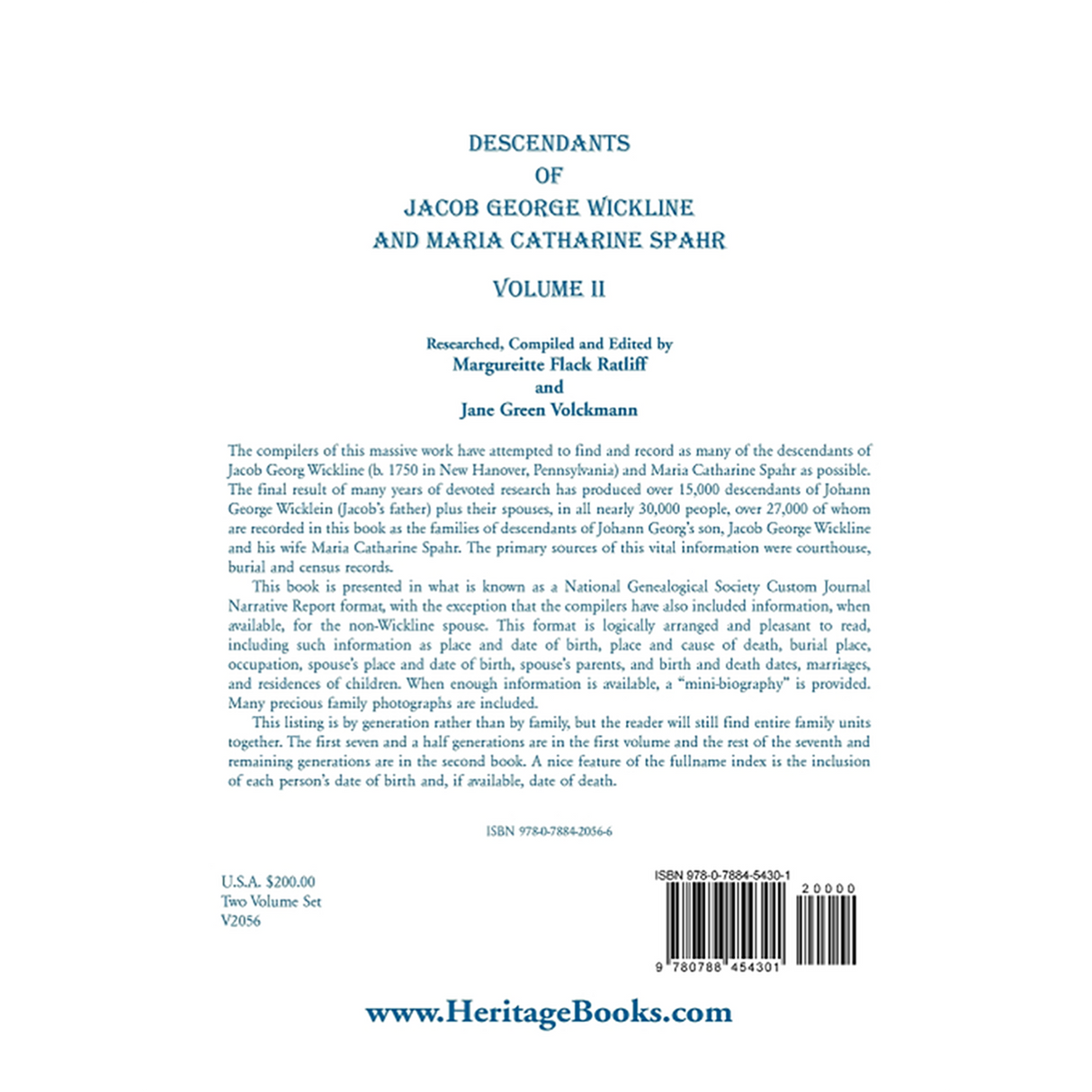 Descendants of Jacob George Wickline and Maria Catharine Spahr, Volume 2 back cover