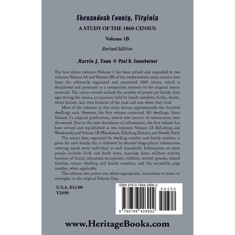 Shenandoah County, Virginia: A Study of the 1860 Census, Volume 1B Revised Edition back cover
