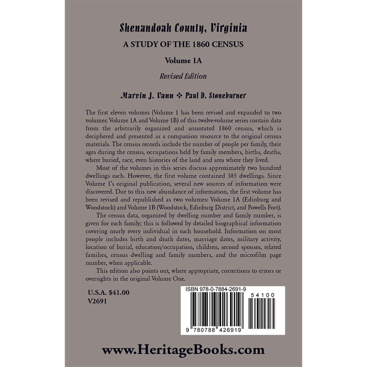 Shenandoah County, Virginia: A Study of the 1860 Census, Volume 1A Revised Edition back cover