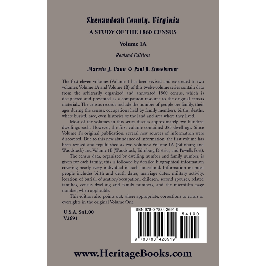 Shenandoah County, Virginia: A Study of the 1860 Census, Volume 1A Revised Edition back cover