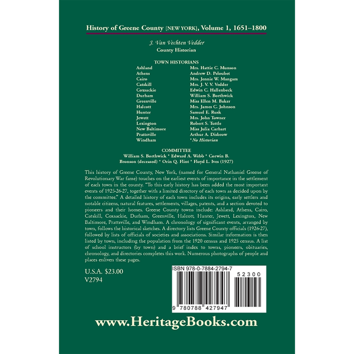 History of Greene County [New York], Volume 1, 1651-1800 back cover
